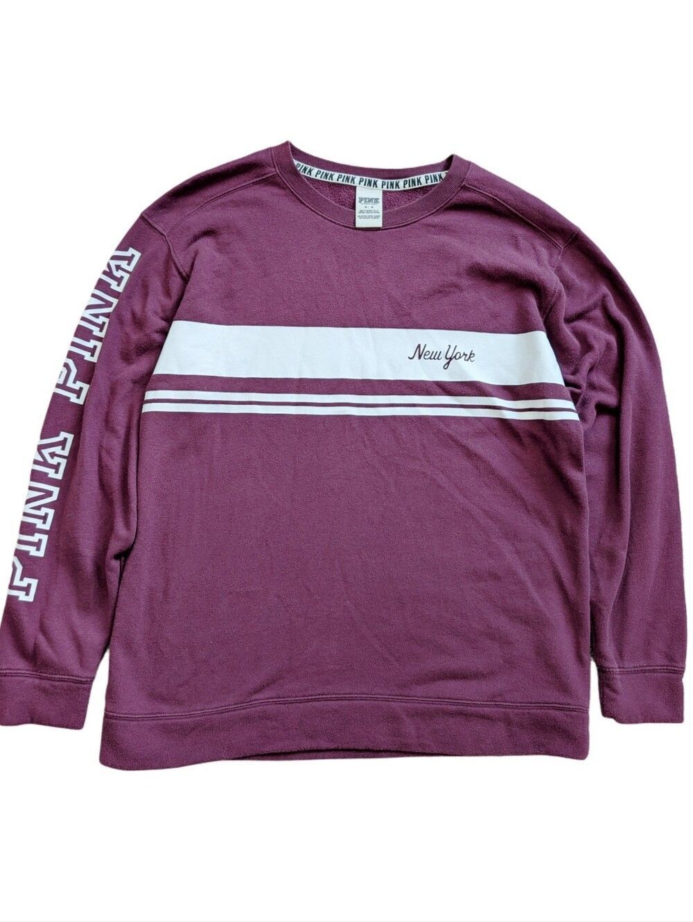 Victoria's Secret PINK Womens Maroon White Sripe New York Sweatshirt Medium